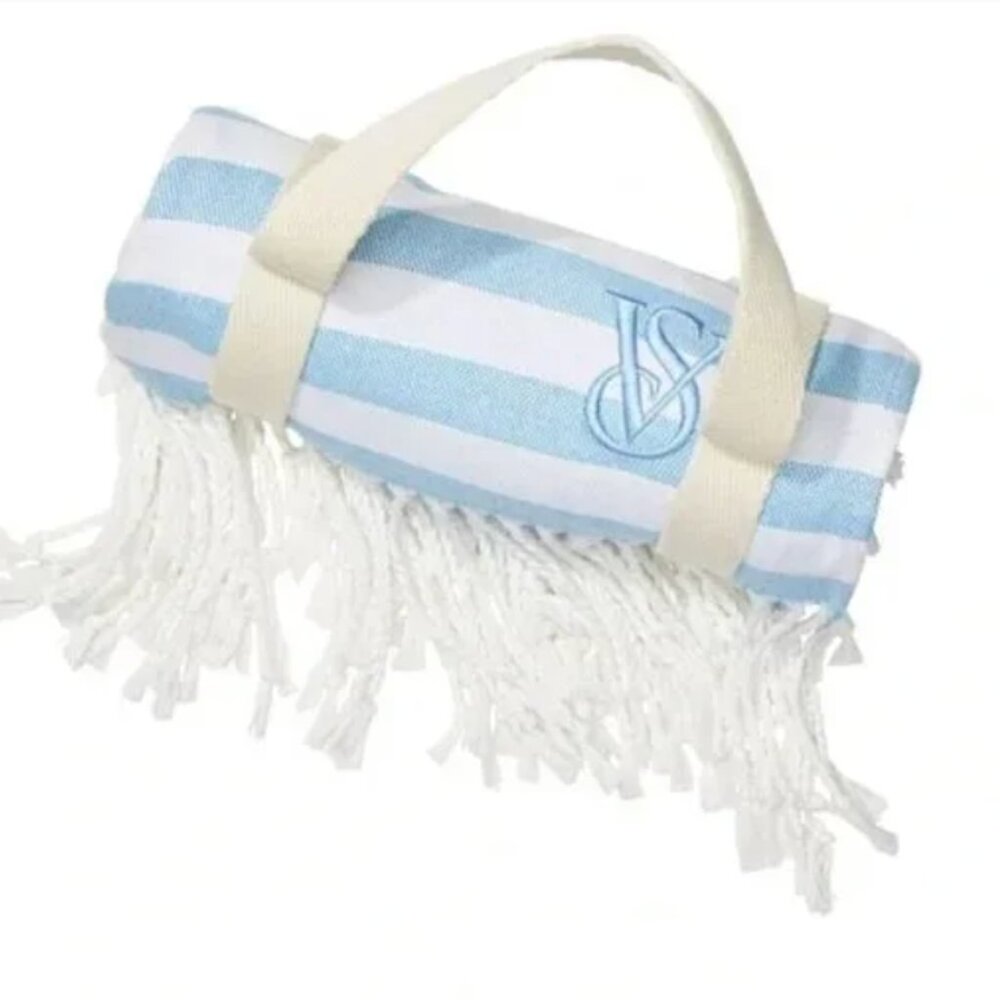 Victoria’s Secret Beach Towel Blanket | Blue & White Striped | With Carry Holder